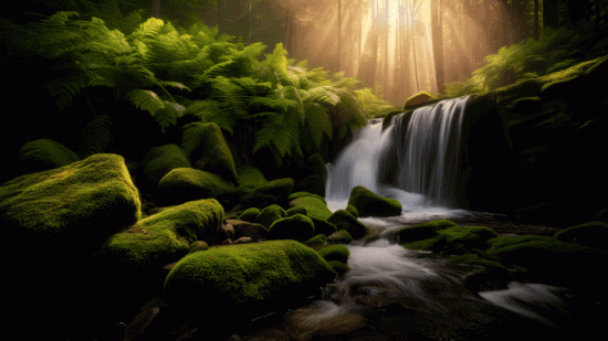 Sunlit Serenity: A Hidden Waterfall Haven Amongst Ferns and Trees  