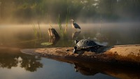 Sunrise Serenity by the Lake Turtle,heron,lake,dawn,mist,sunrise,nature,wildlife,calm water,reflection,peaceful,serene,morning light,reeds,fog,