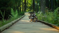 Curiosity on the Trail raccoons,kits,boardwalk,forest path,wildlife,woodland,nature,ferns,wildflowers,sunlight,greenery,serene,magical atmosphere,wildlife photography,