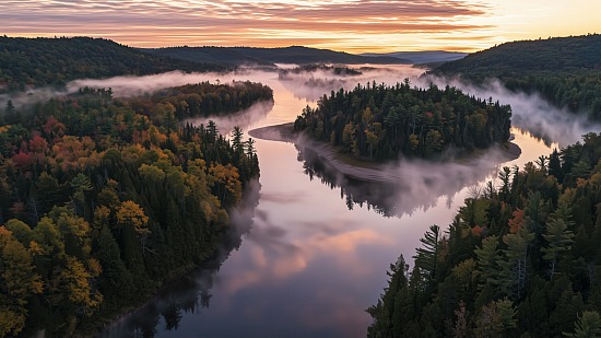 Forest river at dawn with mist and autumn colors