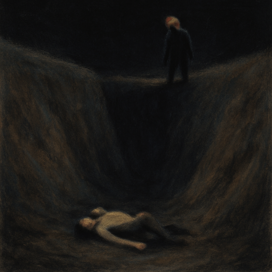 Pastel-style square image of a cold, dark ravine with a thin figure above against a black sky
