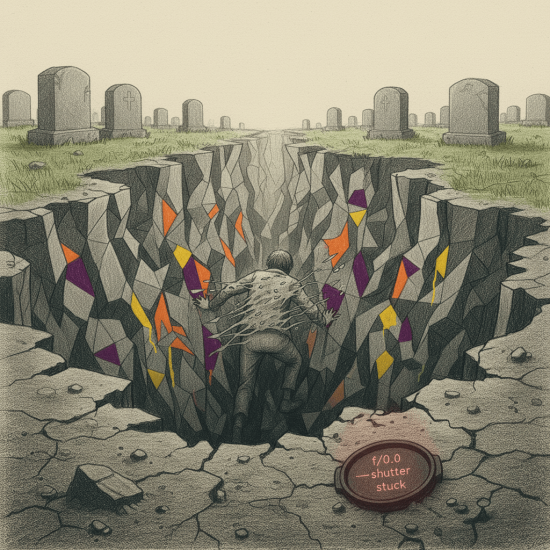 A man climbing out of a deep, polygonal ravine that cuts through a cemetery, with colorful digital glitches appearing on the rock walls and a lens cap in the foreground reading f/0.0 shutter stuck.