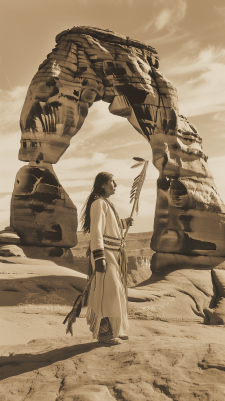 Sepia-toned photograph of a Native American man in traditional Ancestral Puebloan attire, standing contemplatively under the majestic Delicate Arch. The image captures the solitary figure looking up at the arch, surrounded by the expansive desert landscape, bathed in the warm light of a setting sun, evoking a sense of deep connection with the ancient land.